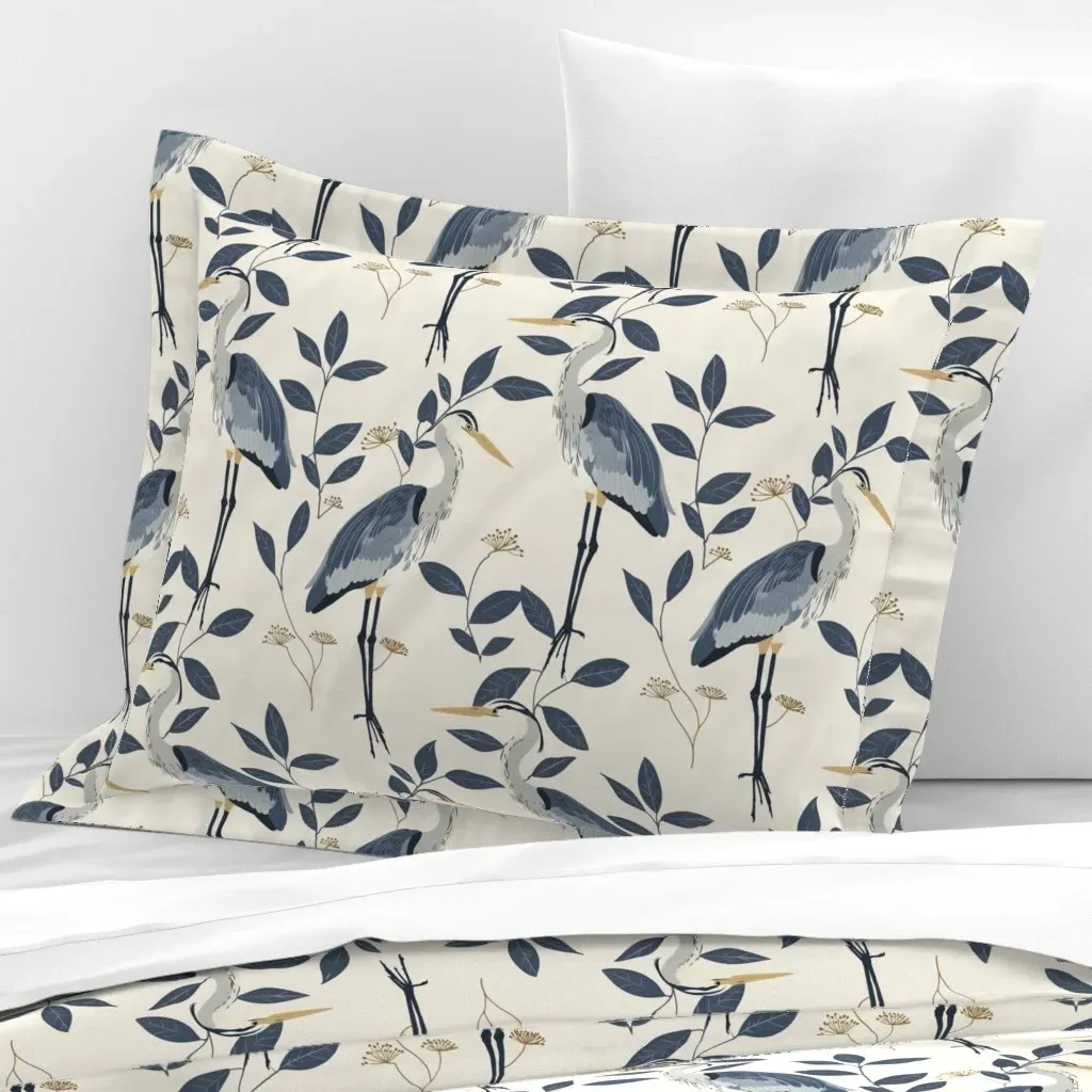 Heron With Plants Standard Flanged Cushion Cover - Blue-Gray, Cotton Sateen product