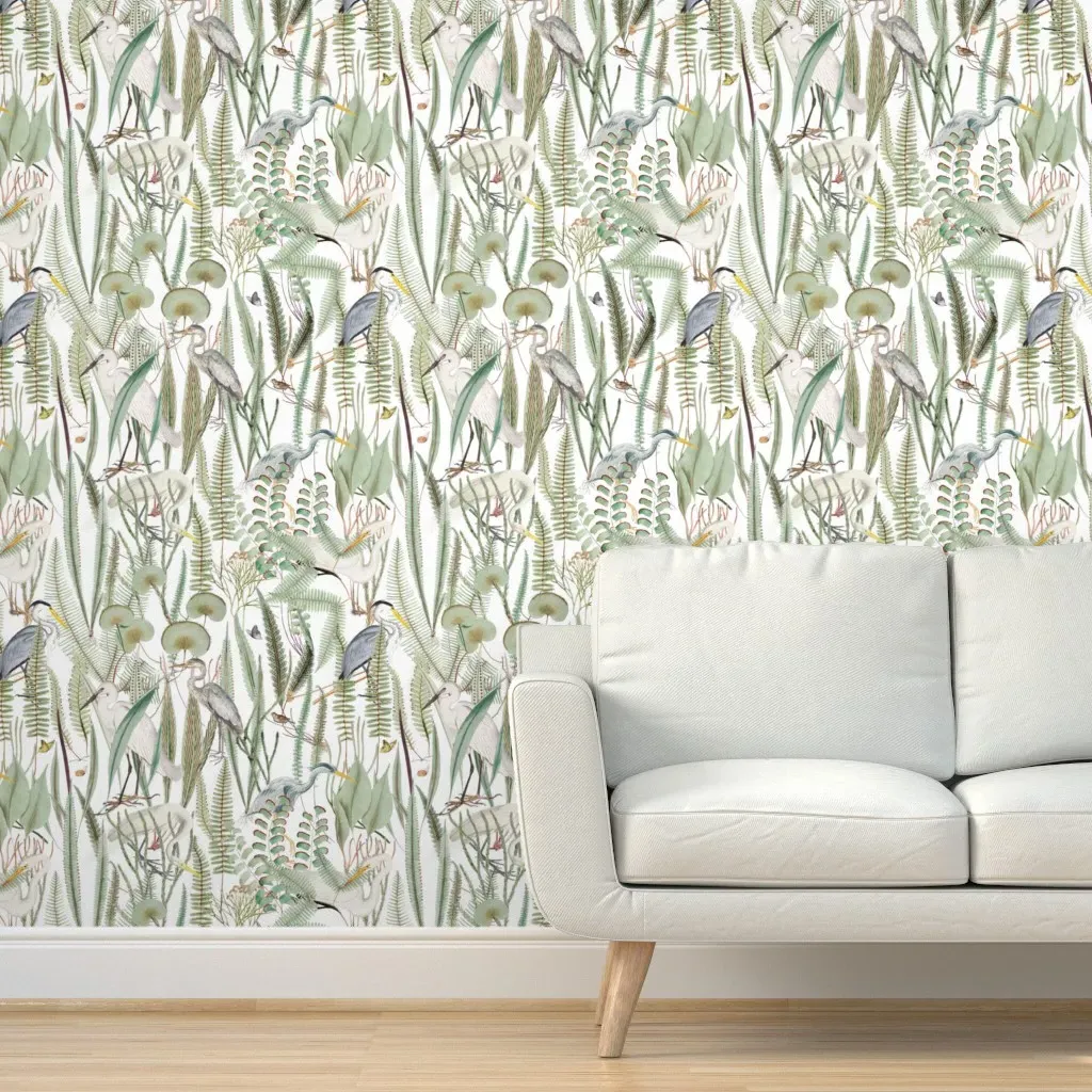 Herons And Egrets Peel and Stick Wallpaper - Green, White product