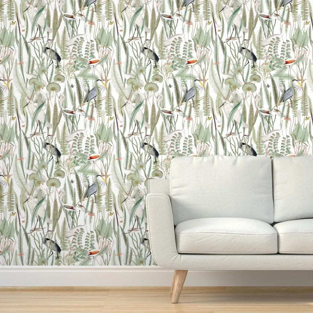 Herons In Marsh Extra Large Scale Peel and Stick Wallpaper - Gray, Green, Brown product