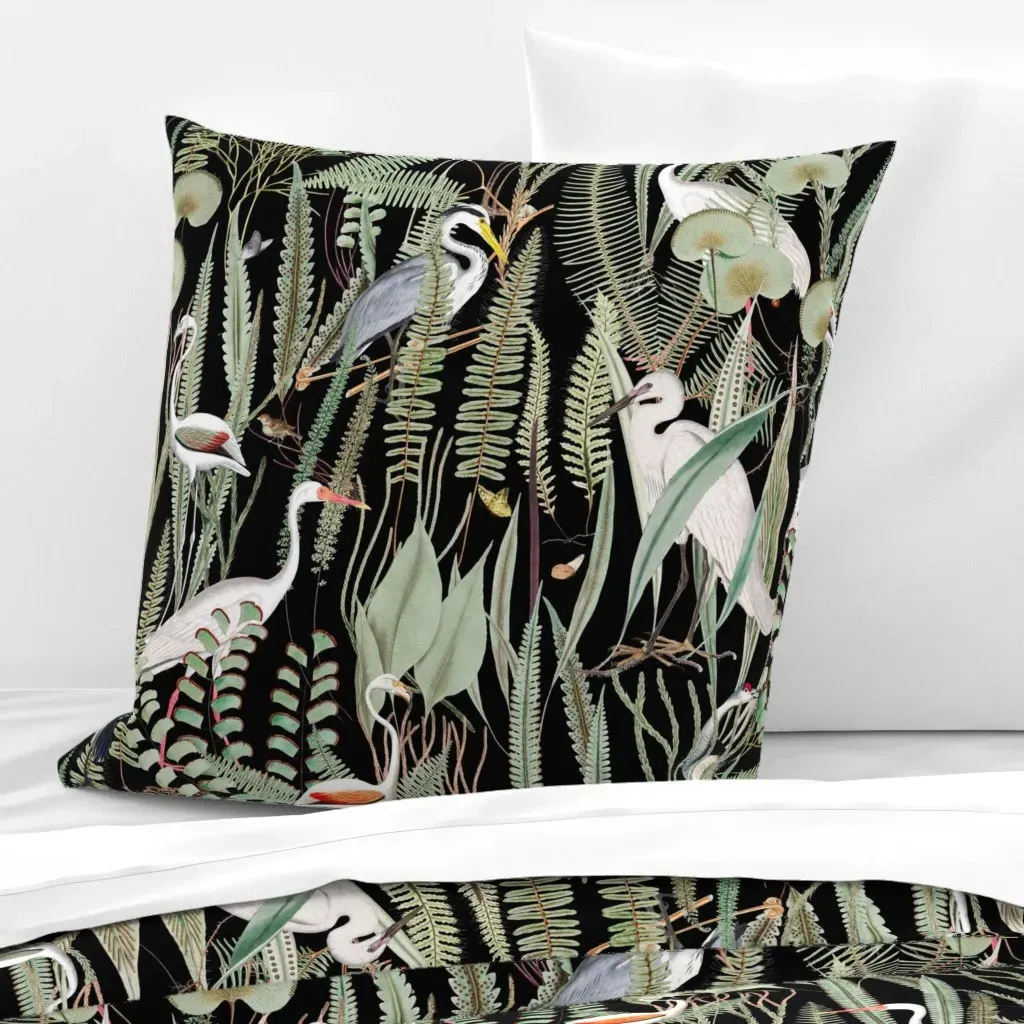 Herons In Marsh On Black Euro Pillow Sham - Dark Green product