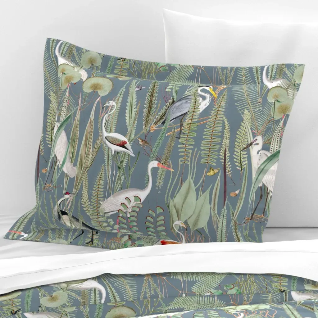Herons In Marsh On Slate Standard Flanged Pillow Sham - White, Cotton Sateen product