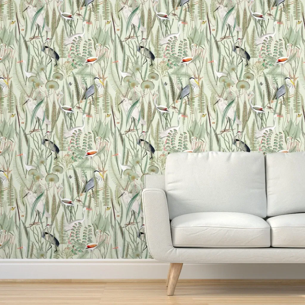 Herons In Marsh Peel and Stick Wallpaper - Green, Sage product