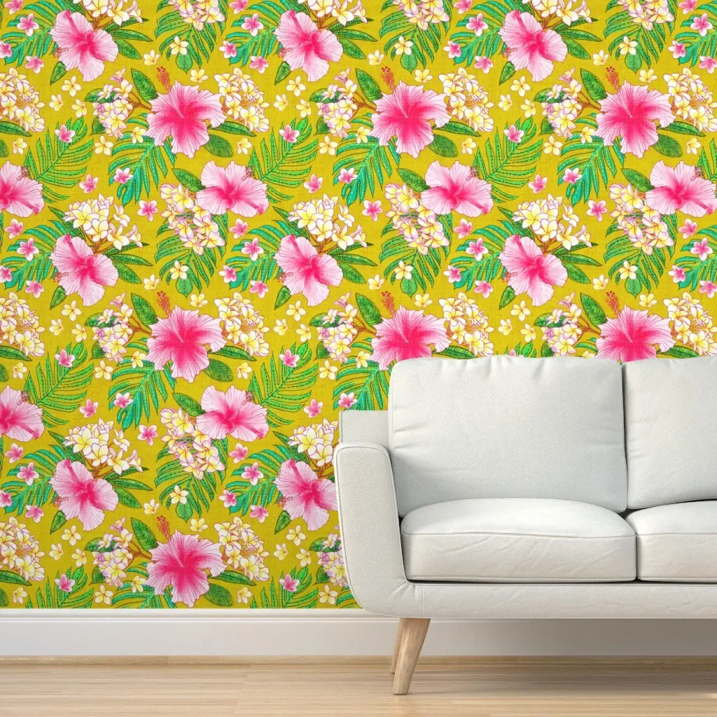 Hibiscus & Plumeria Linen Peel and Stick Wallpaper - Pink, Gold product