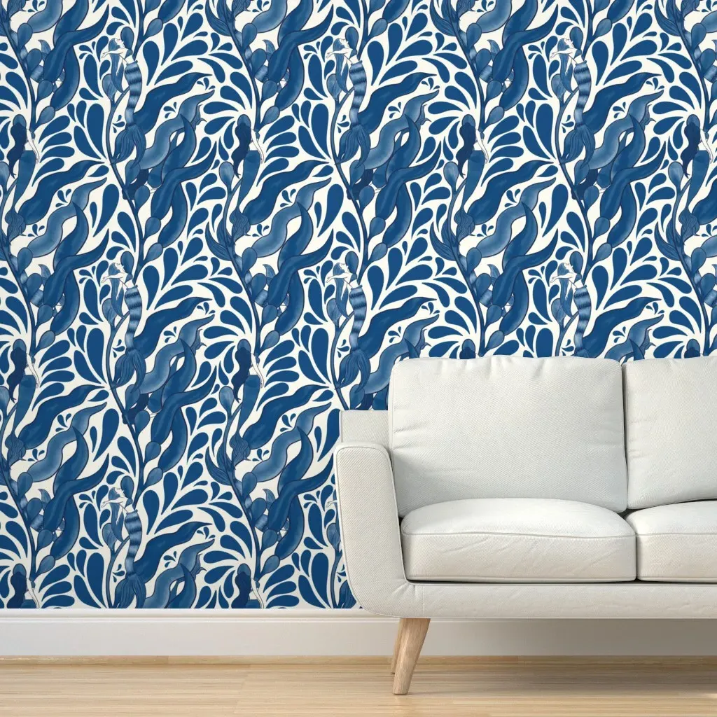 Hidden Mermaids In Kelp Forest Peel and Stick Wallpaper - Blue, White product