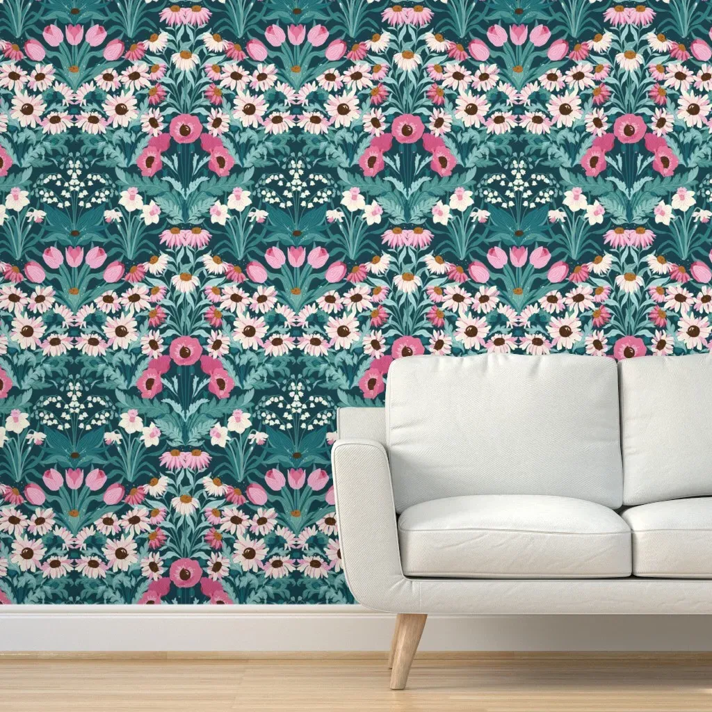 Hidden Sleeping Kittens Peel and Stick Wallpaper - Teal, Pink product