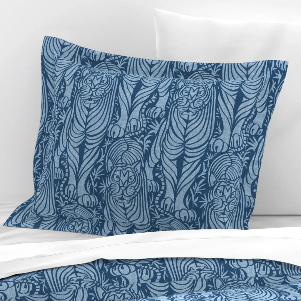 Hidden Tiger Standard Flanged Pillowcase - Denim Blue, Cotton Sateen product