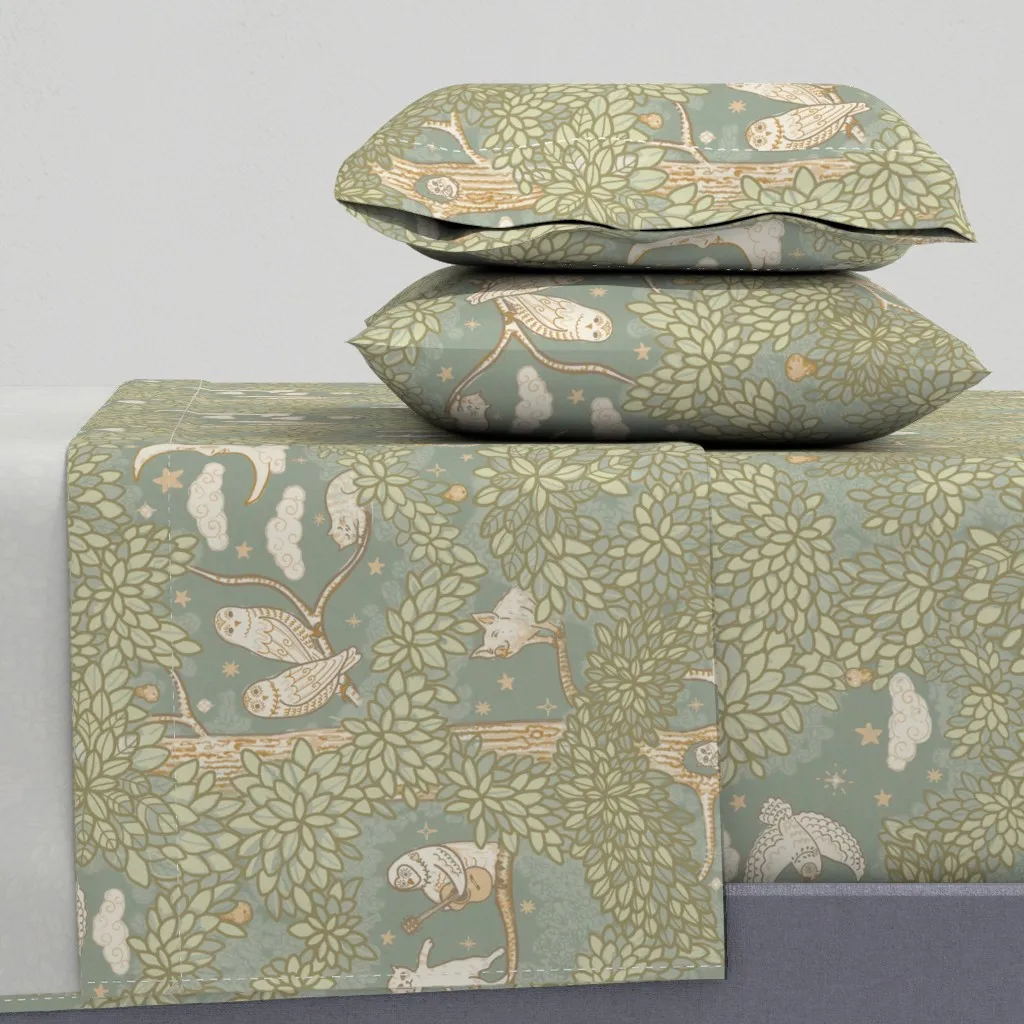 Hidden Whimsy Owl And Pussycat Twin Sheet Set - Sage Green product