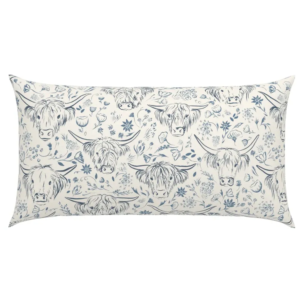 Highland Cow Doodle Floral King Pillow Sham - Blue product