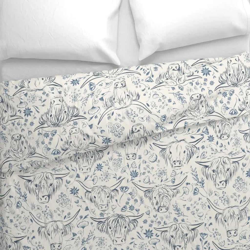 Highland Cow Doodle Line Art Duvet Cover - Blue alternate view