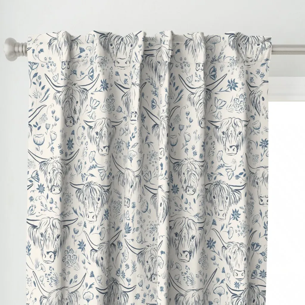 Highland Cow Doodle Line Curtain Panel - Blue alternate view