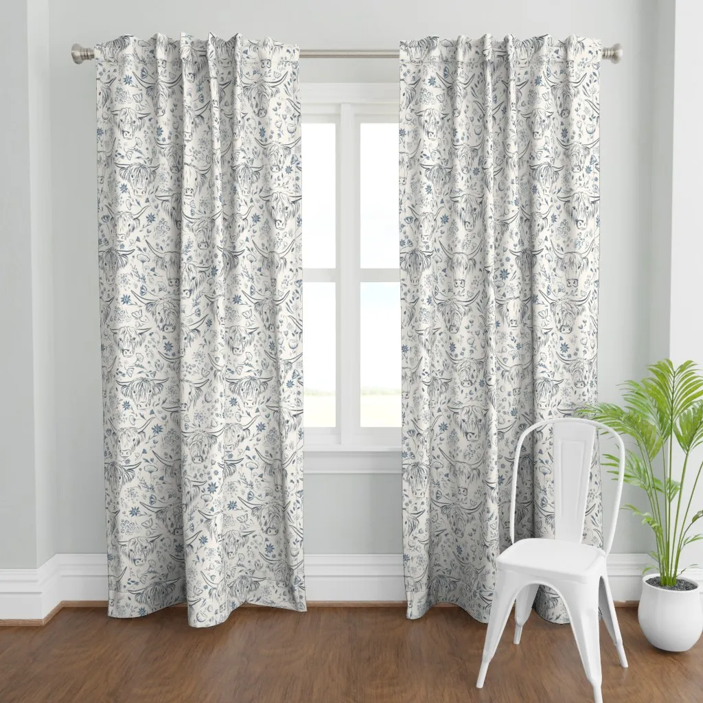 Highland Cow Doodle Line Curtain Panel - Blue product