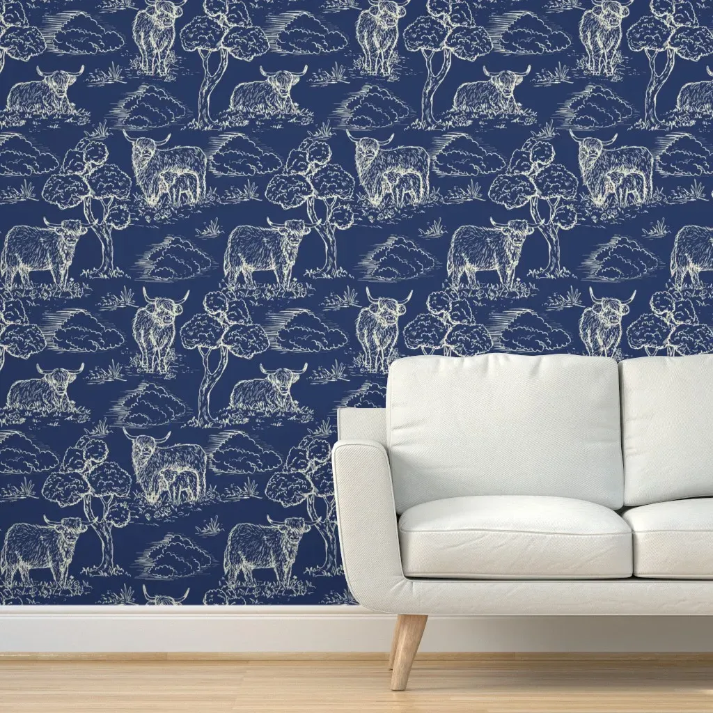 Highland Cow Toile De Jouy Peel and Stick Wallpaper - Navy Blue product