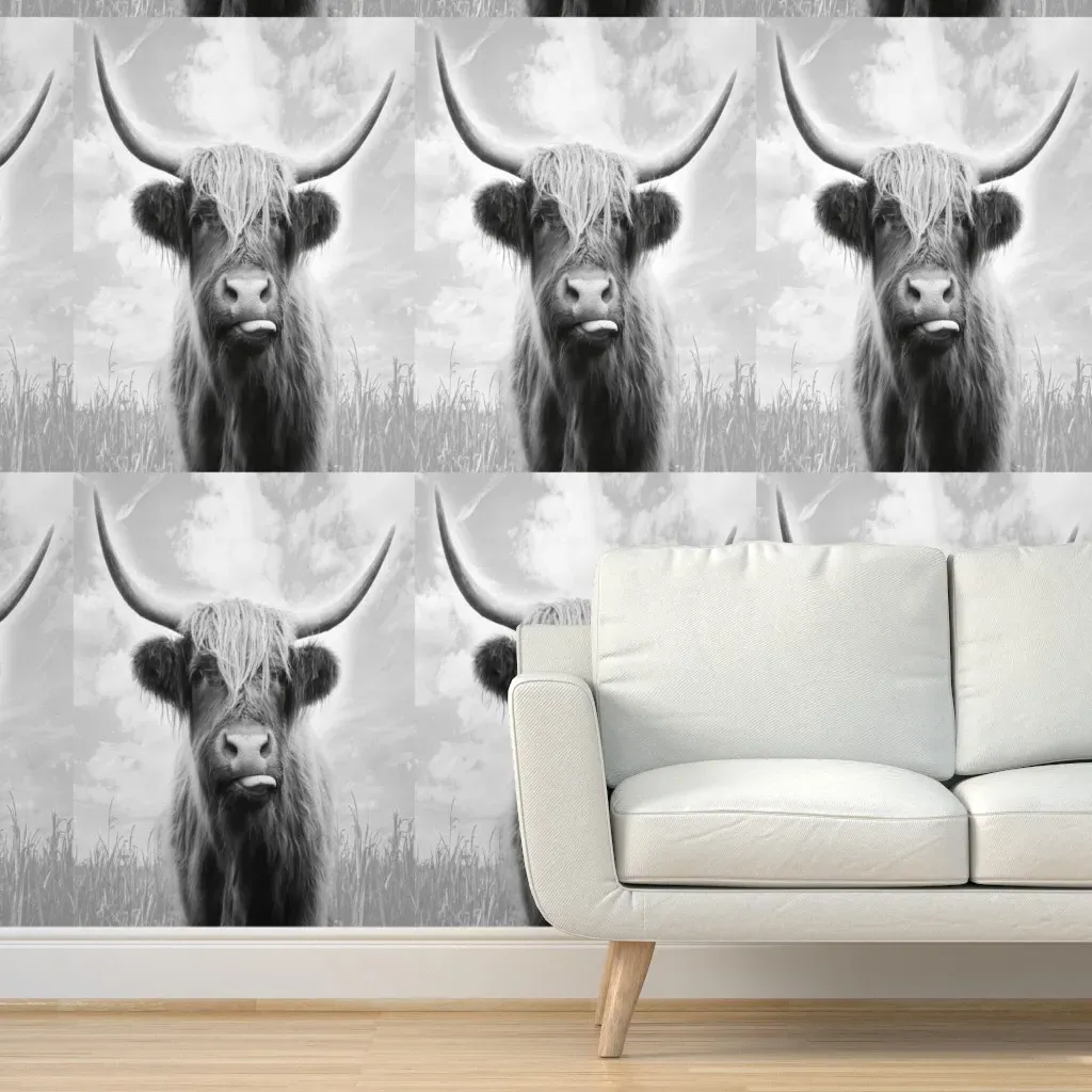 Highland Cow Tongue Peel and Stick Wallpaper - Gray product