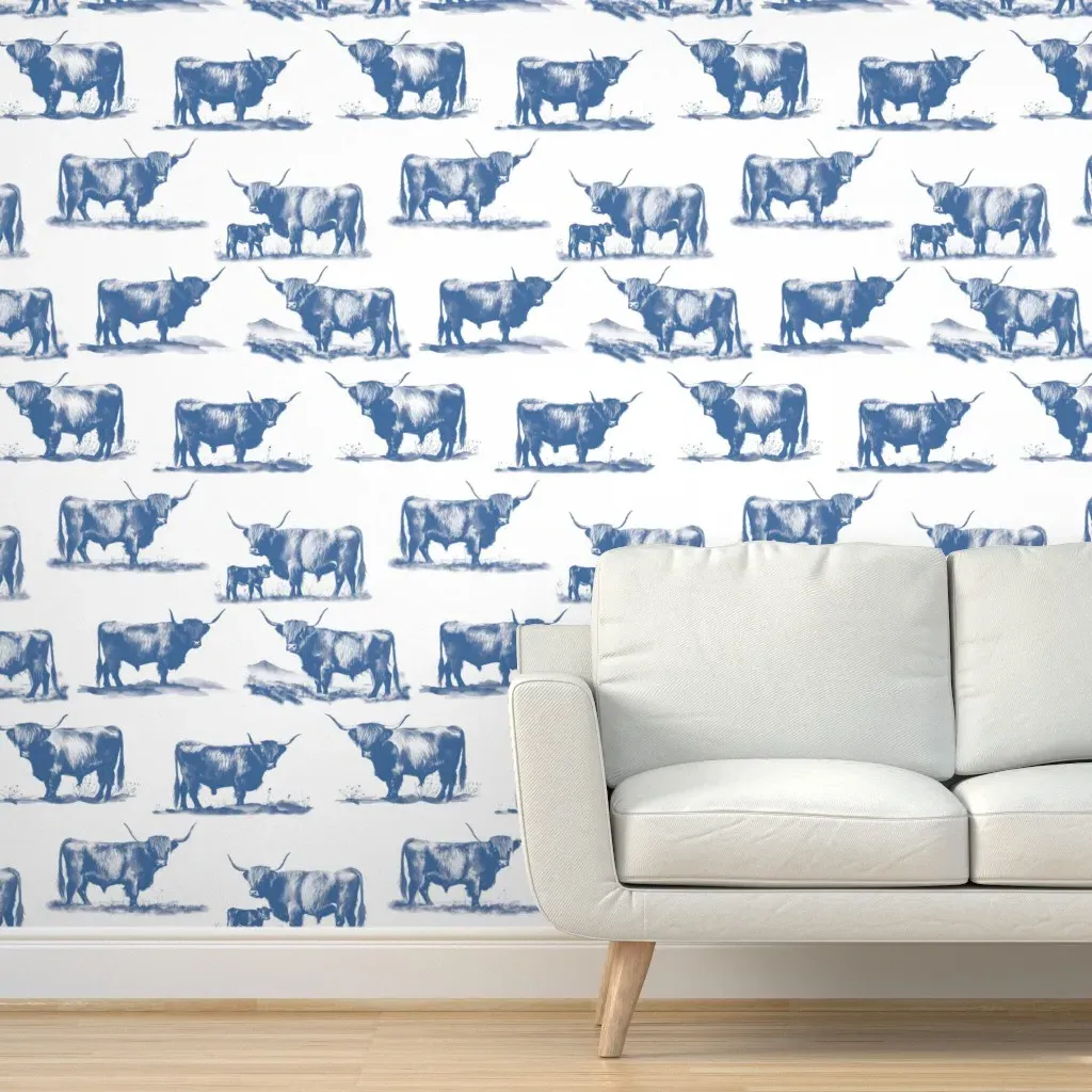Highland Cows Toile Peel and Stick Wallpaper - Blue product