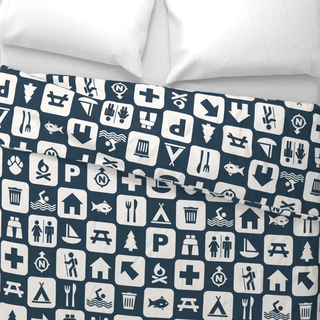 Hiking Map Icons Large Navy Duvet Cover - White alternate view