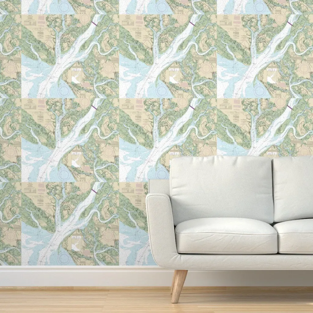 Hilton Head Port Royal Sound Nautical Map Peel and Stick Wallpaper - Light Green product