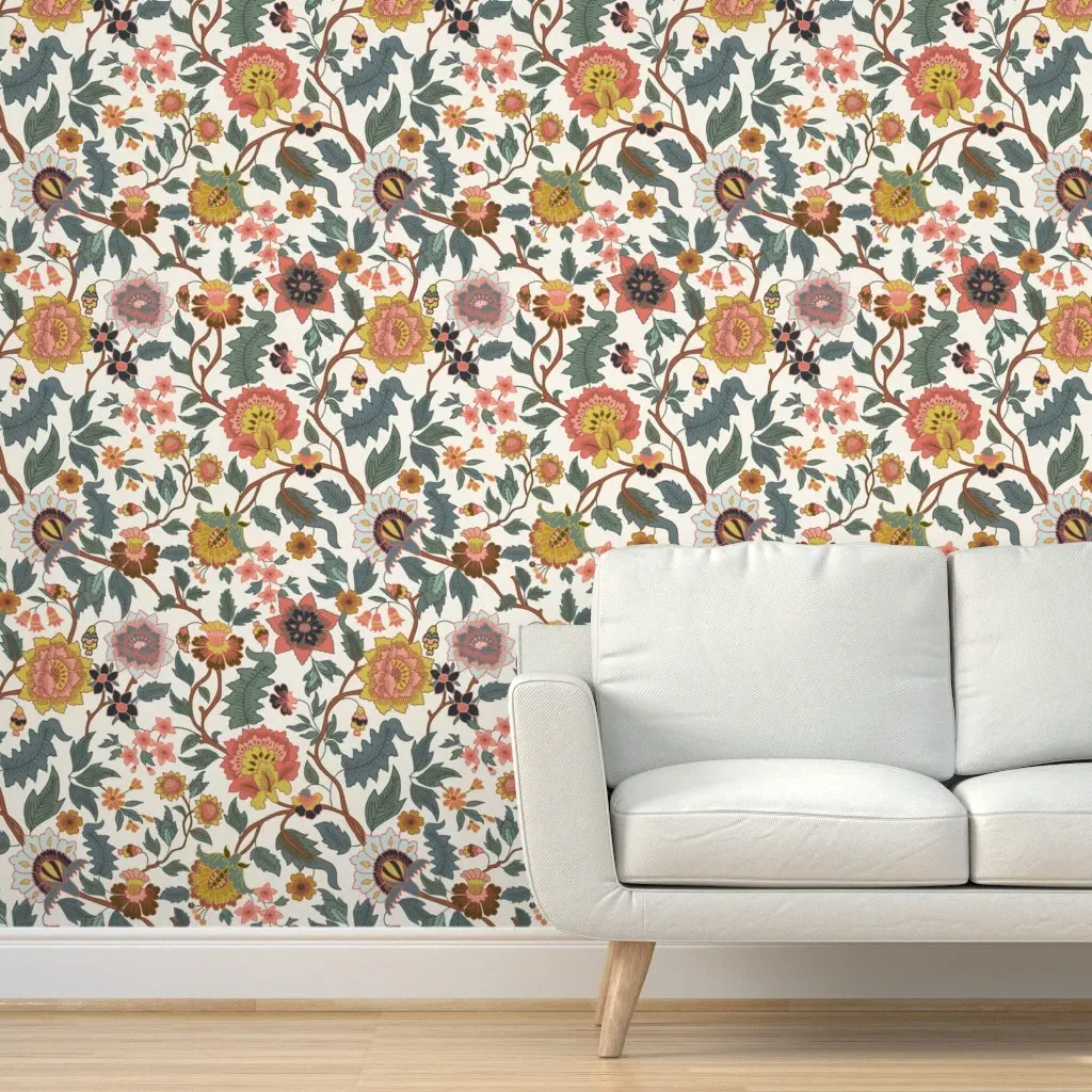 Historic Italian Villa Florals Peel and Stick Wallpaper - Sage, Mustard, Coral, Ivory product