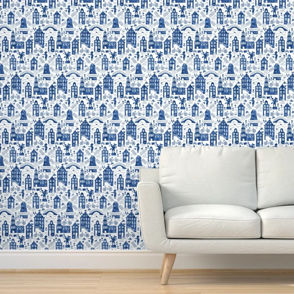 Holland Royal Delft Blue Watercolors Peel and Stick Wallpaper - Blue, White product