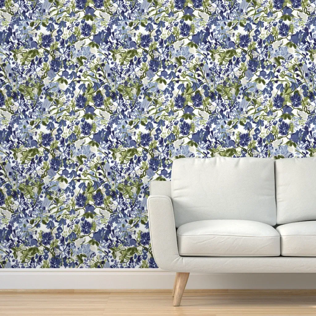 Hollyhock Floral Peel and Stick Wallpaper - Dusty Blue, Navy and Sage product