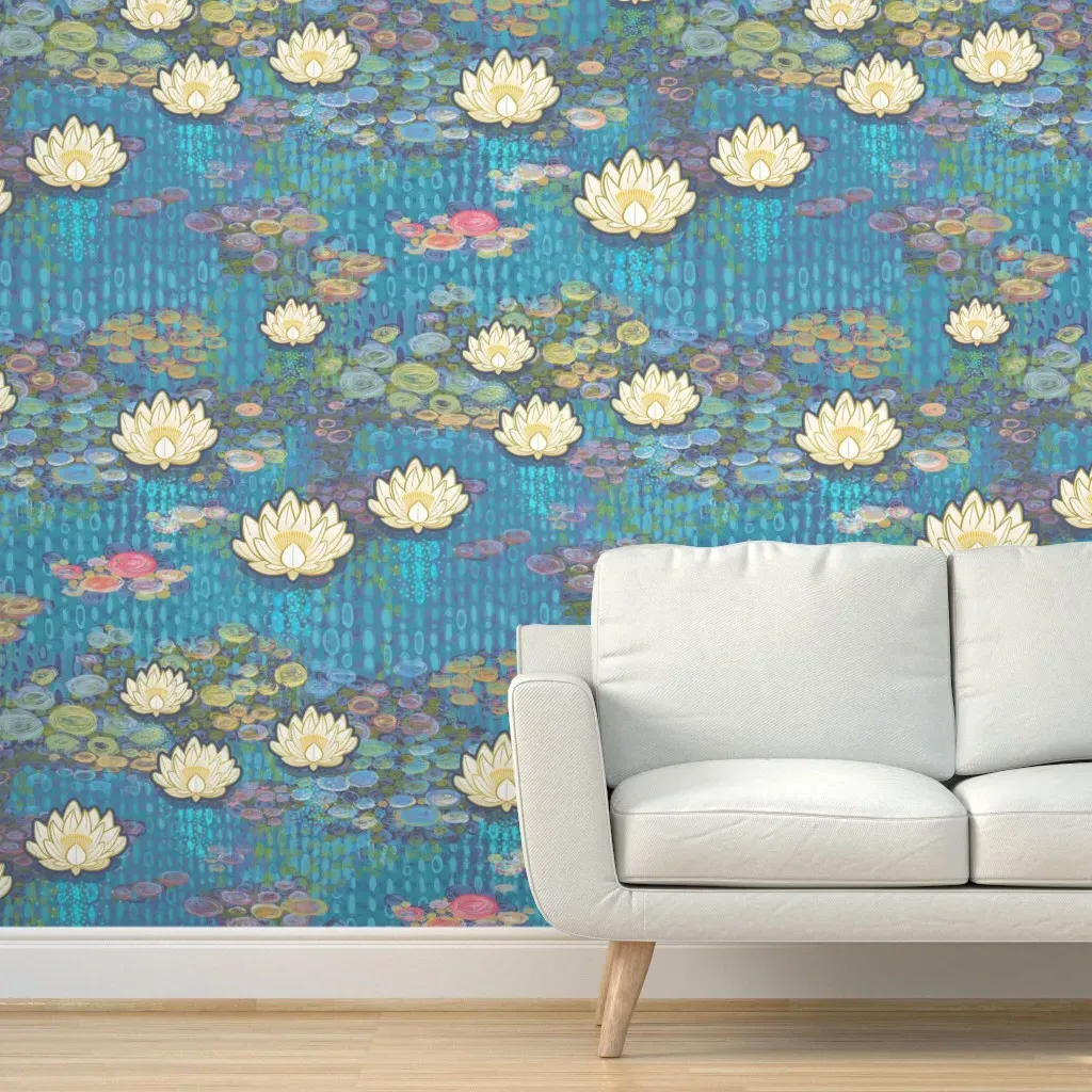 Homage To Water Lilies Peel and Stick Wallpaper - Teal product