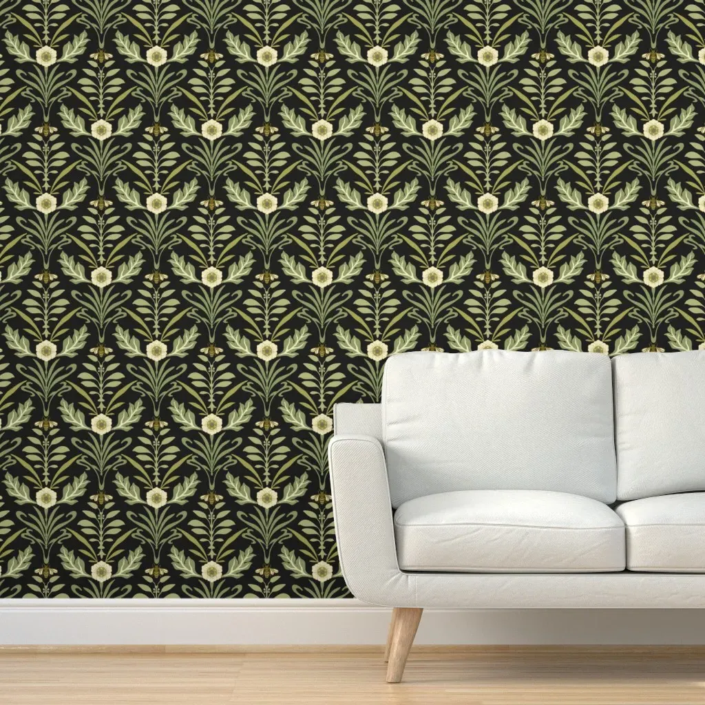 Honey Bee And Flower Art Nouveau Peel and Stick Wallpaper - Olive Green product