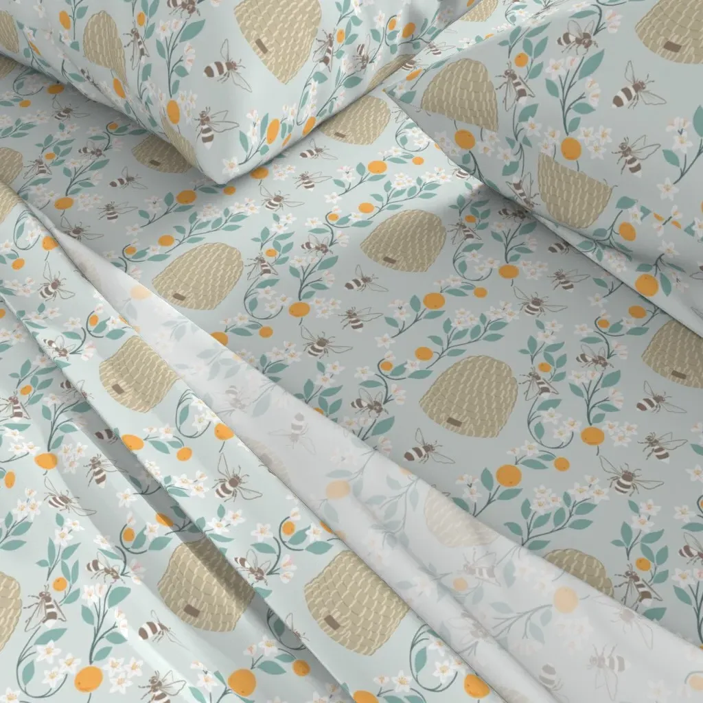 Honeybee Heaven Orange Blossoms Queen Sheet Set - Light Blue alternate view