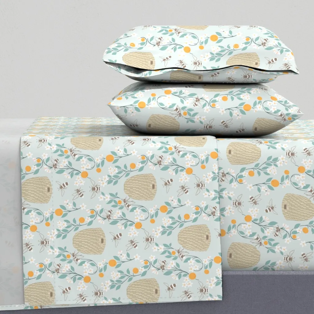 Honeybee Heaven Orange Blossoms Queen Sheet Set - Light Blue product
