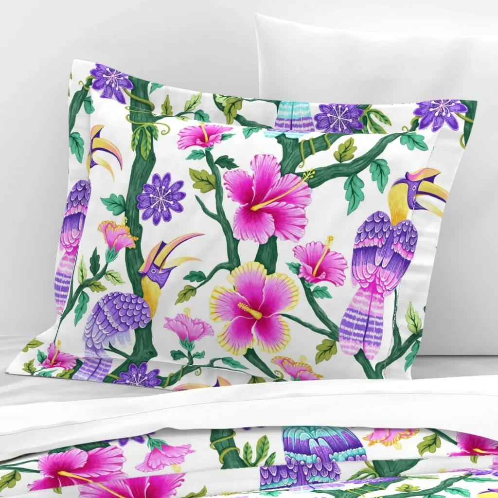 Hornbill Birds Hibiscus Tropical Jungle Cushion Cover - Pink, Cotton Sateen product