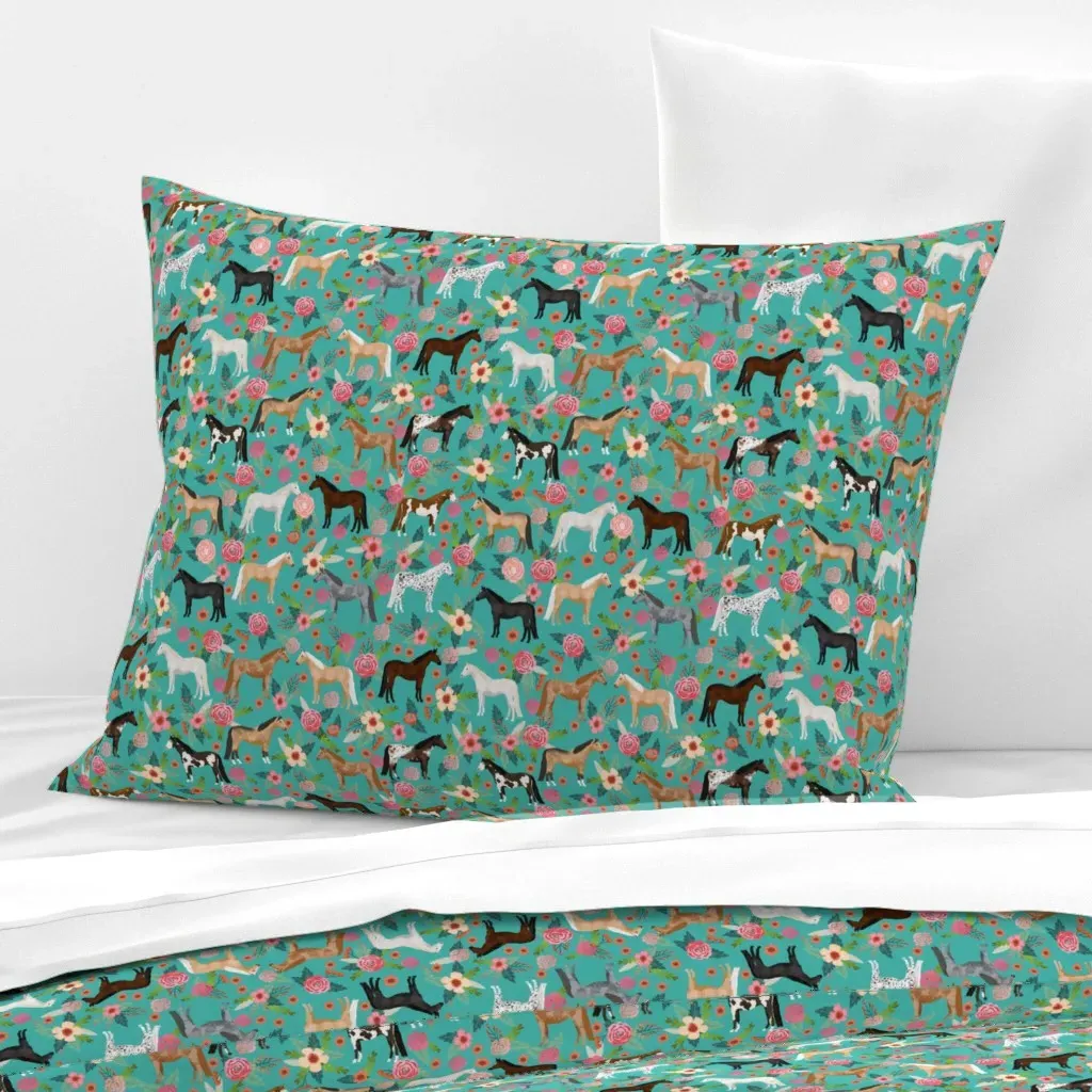 Horse Multi Coat Floral Horses Standard Knife Edge Pillow - Teal, Cotton Sateen product