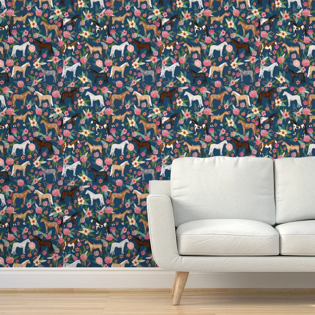 Horse Multi Coat Floral Peel and Stick Wallpaper - Navy Blue product