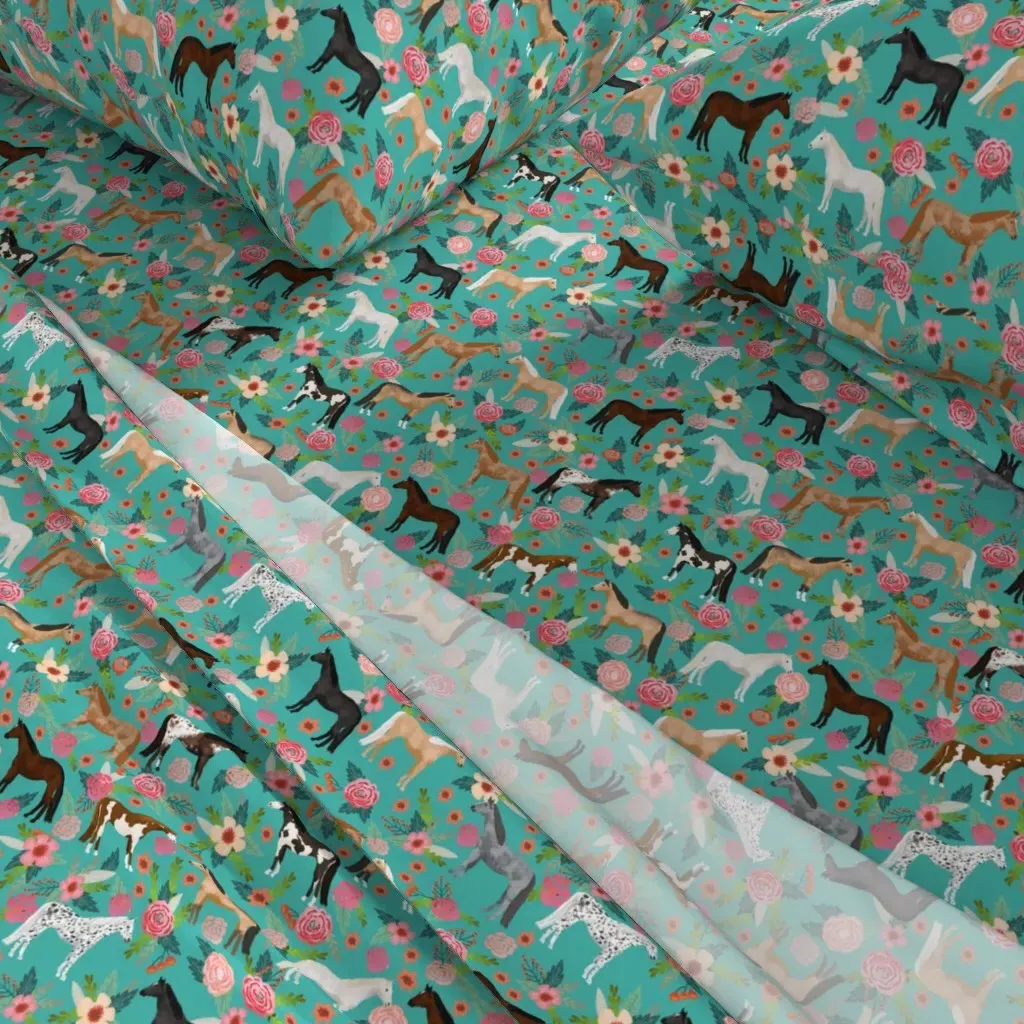 Horse Multi Coat Floral Queen Sheet Set - Teal alternate view