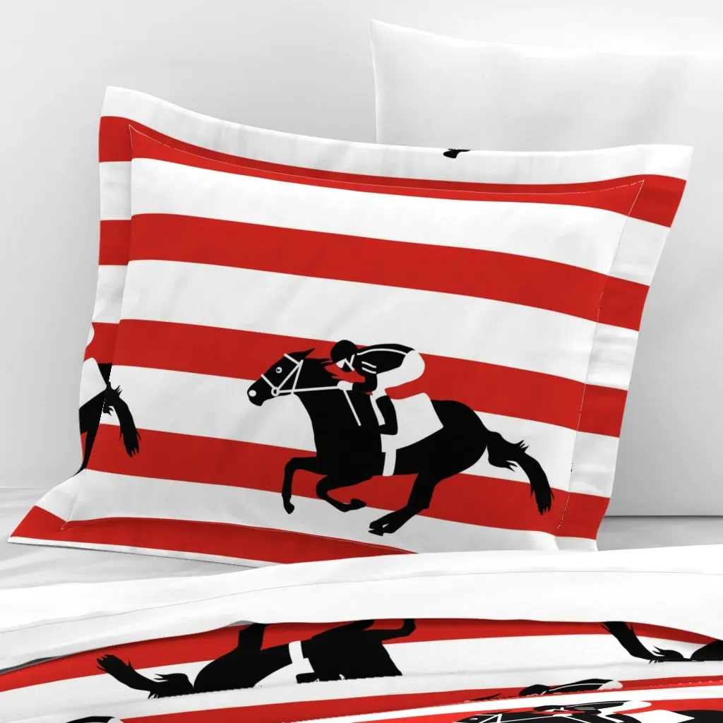 Horse Race Black and White Standard Flanged Pillow - Red, Cotton Sateen product