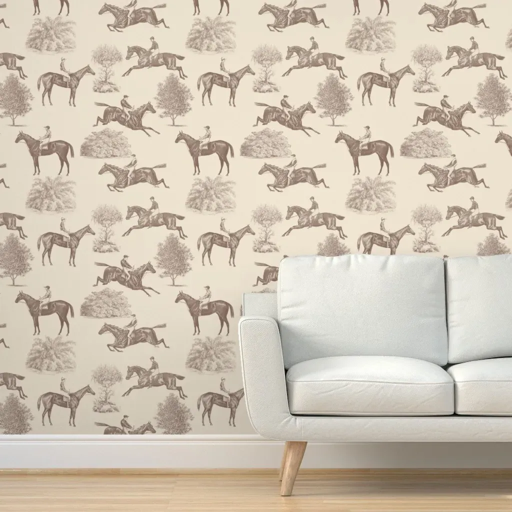 Horse Racing Equestrian Toile Peel and Stick Wallpaper - Beige product
