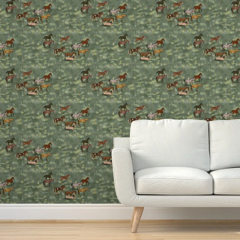 Horses In Grassy Pasture Peel and Stick Wallpaper - Green product