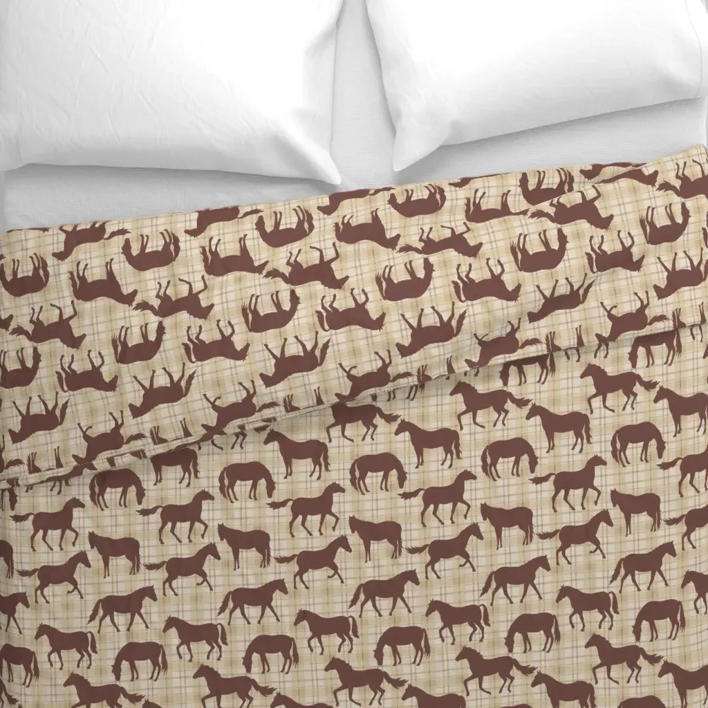 Horses on Tan Plaid Duvet Cover - Brown alternate view