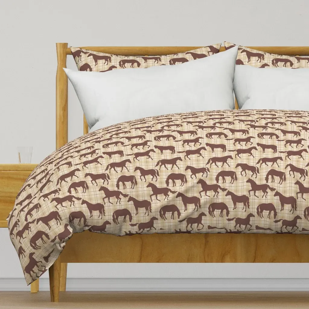 Horses on Tan Plaid Duvet Cover - Brown product