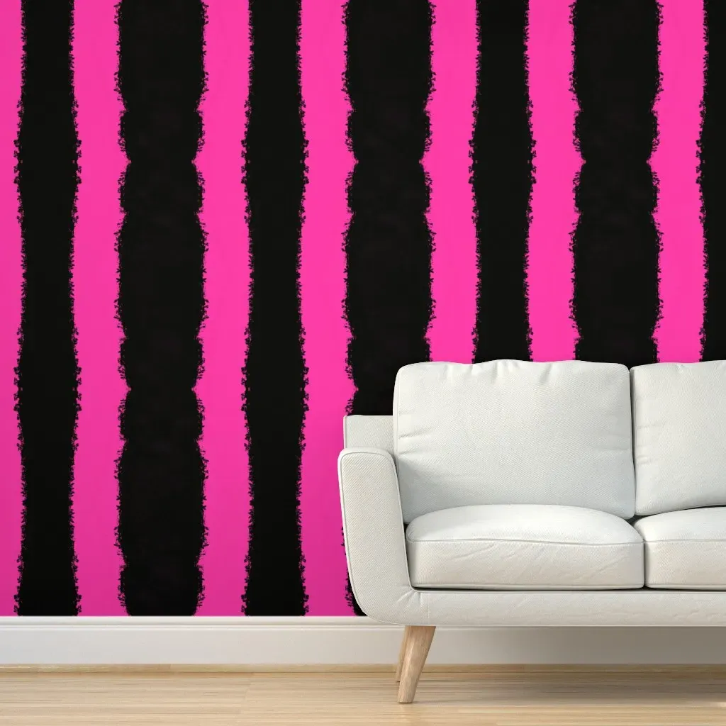 Hot Pink Black Stripes Peel and Stick Wallpaper - Pink product
