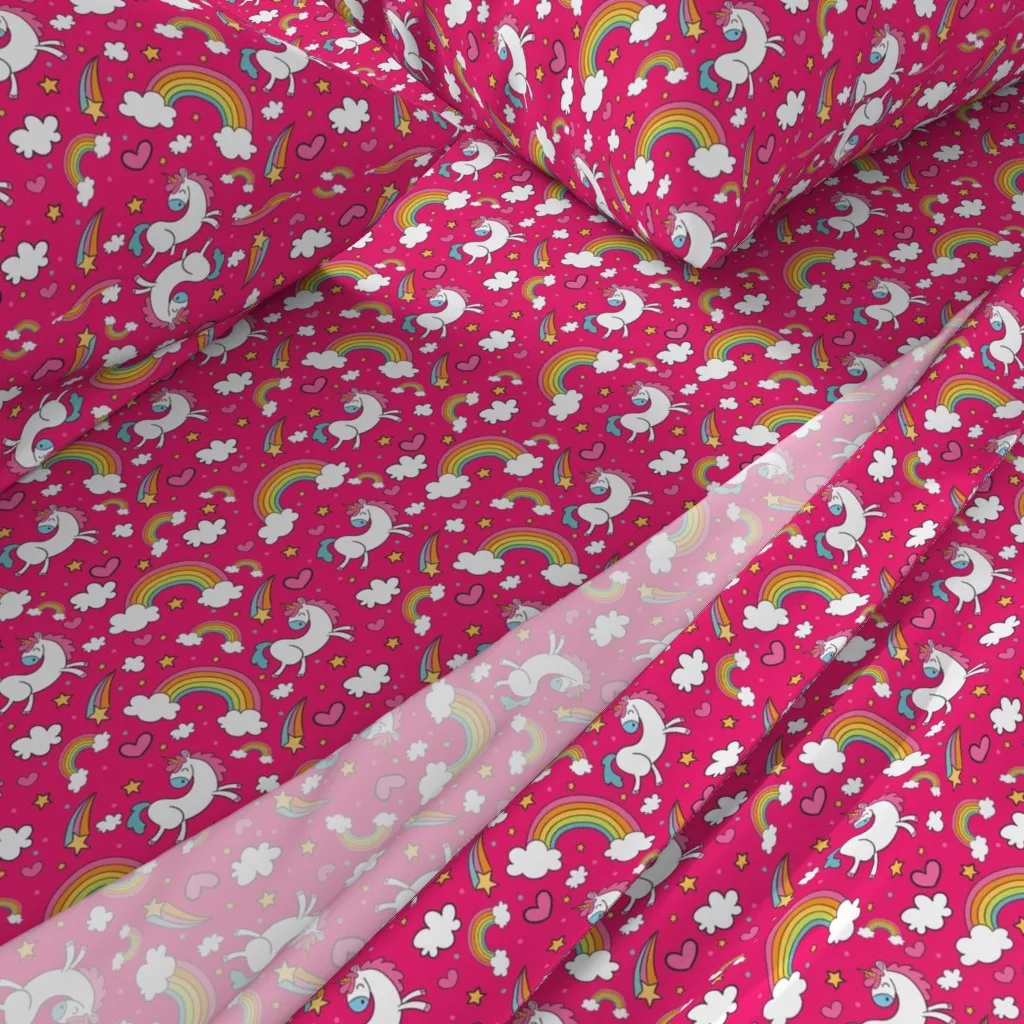 Hot Pink Unicorns And Rainbows Hand Drawn Twin XL Sheet Set alternate view