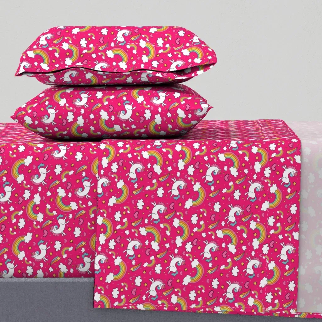 Hot Pink Unicorns And Rainbows Hand Drawn Twin XL Sheet Set product