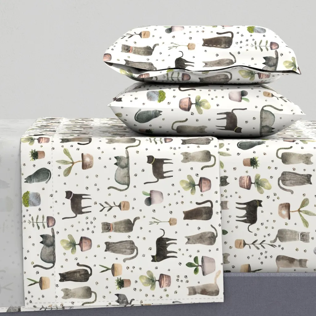 House Cat Cats And Plants Queen Sheet Set - Gray product