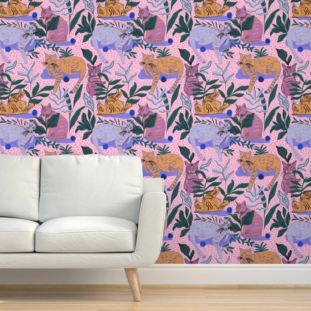 House Cat Jungle Peel and Stick Wallpaper - Pink product