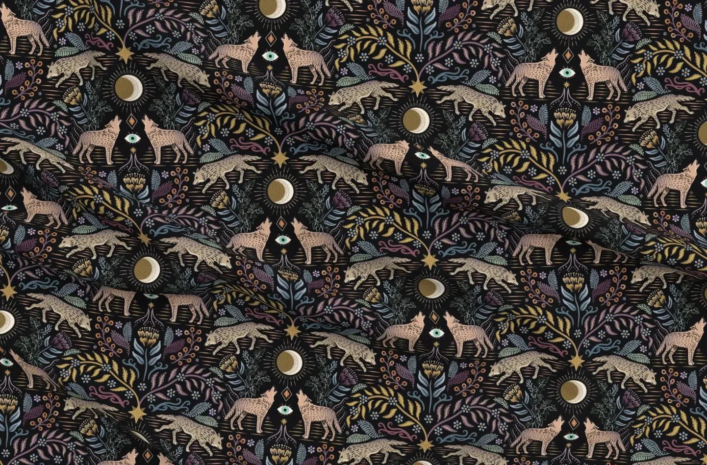 Howling And Prowling Wolf Damask Fabric - Black, Sport Pique product