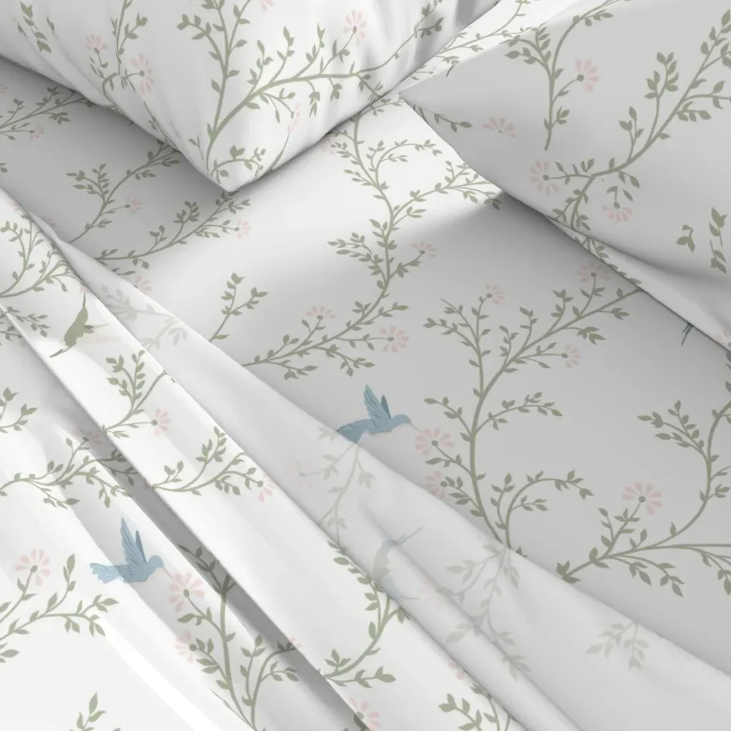 Hummingbird Trellis Flowers & Vines Full Sheet Set - Light Green alternate view