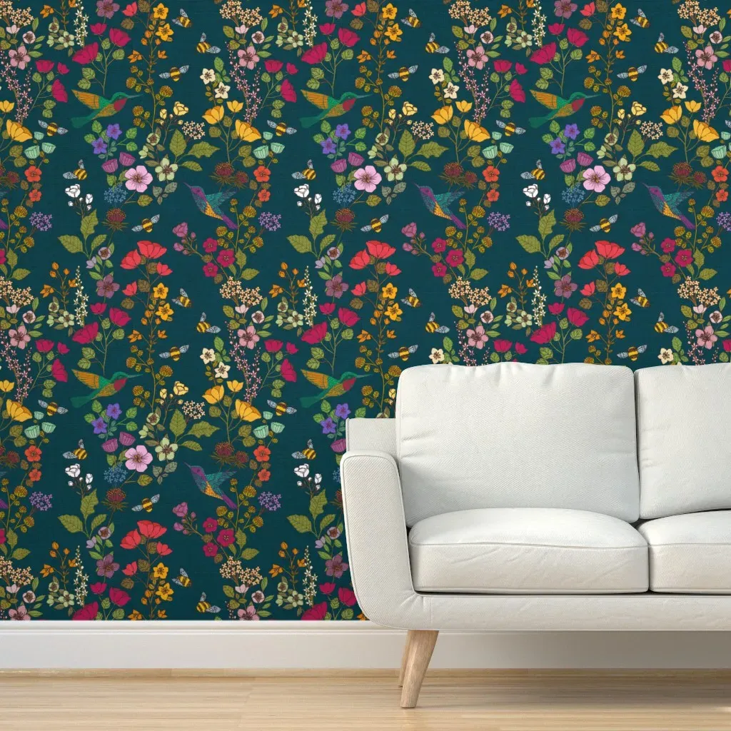 Hummingbirds And Bees Forest Peel and Stick Wallpaper - Teal product