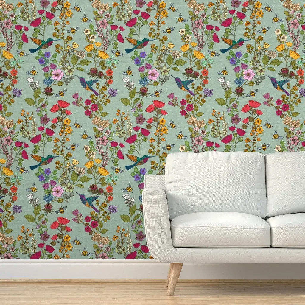 Hummingbirds And Bees Peel and Stick Wallpaper - Duck Egg product