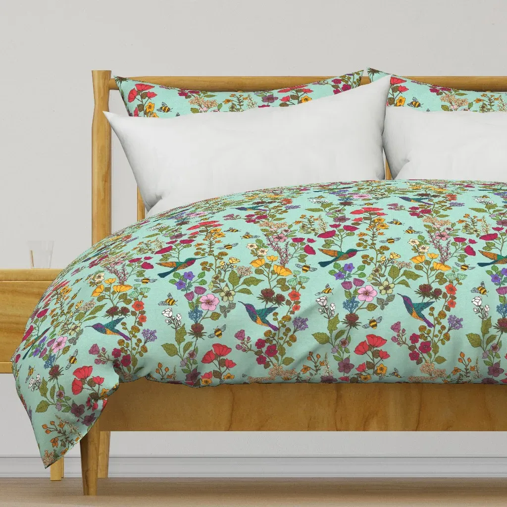 Hummingbirds And Bees Sky Duvet Cover - Teal product