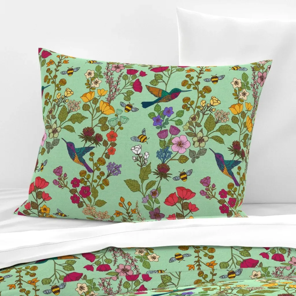 Hummingbirds And Bees Standard Knife Edge Pillow - Teal, Cotton Sateen product