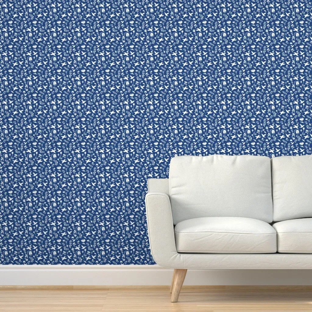 Hummingbirds And Blossoms Peel and Stick Wallpaper - Blue & White product
