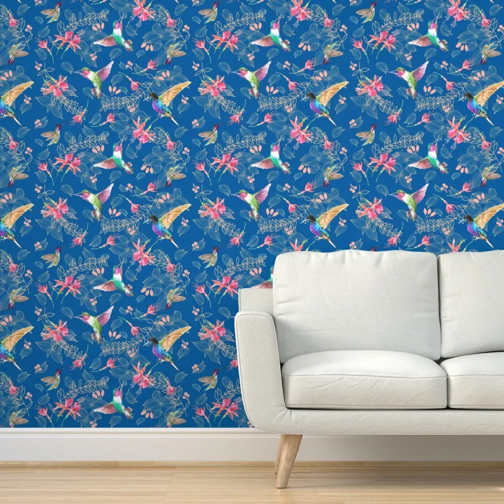 Hummingbirds And Fuchsia Flowers Peel and Stick Wallpaper - Pink product