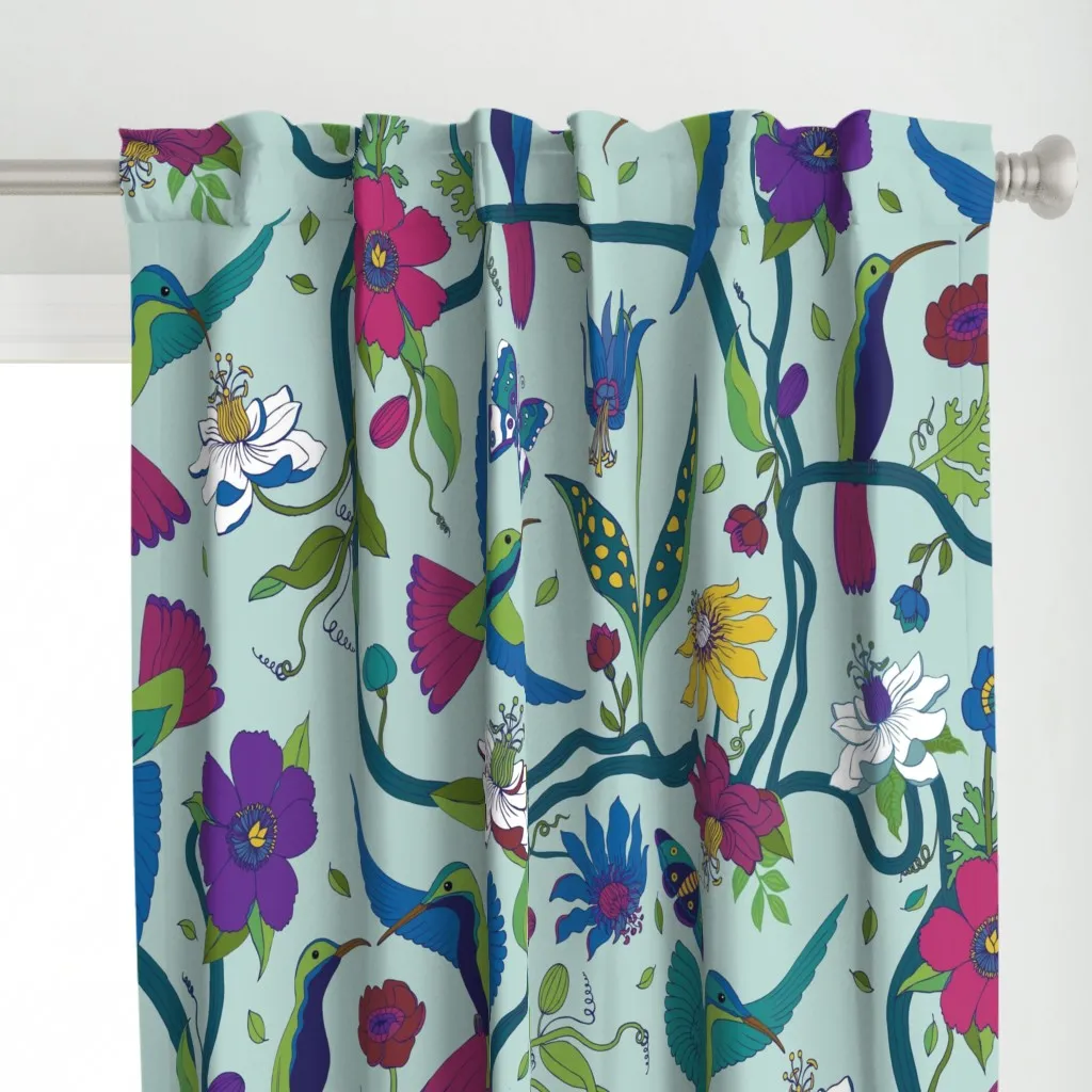 Hummingbirds And Passion Curtain Panel - Teal alternate view